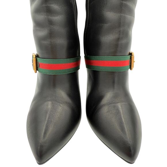 Gucci Sylvie Web Stripe Black Leather Boots High Heel Booties Size 37 US 7 - Picture 4 of 15